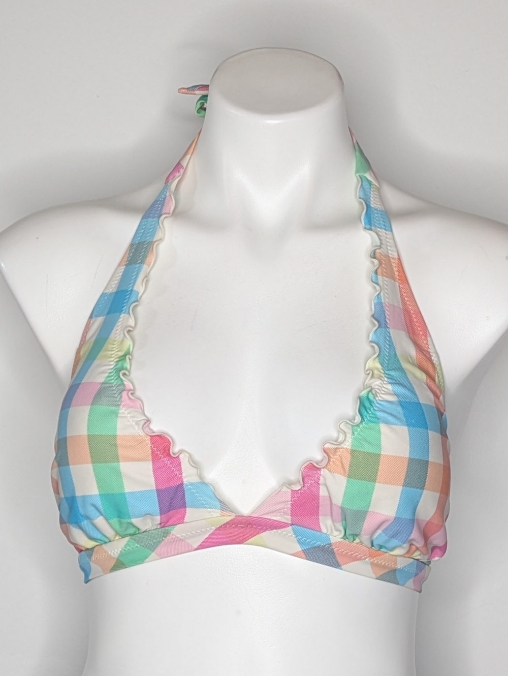 Aero Pink Blue White Striped Ruffle Hem V Neck Tie Bikini Top M